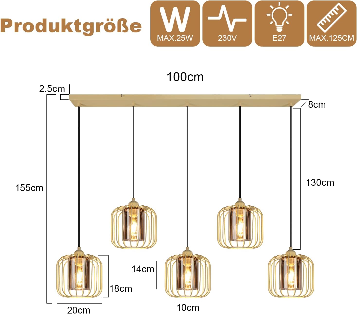 Pendelleuchte Esstisch Hängeleuchte Vintage - Hängelampe 5 Flammig Glas Esstischlampe Höhenverstellbar E27 Retro Pendellampe Metall Esszimmerlampe für Küche Wohnzimmer (ohne Leuchtmittel)