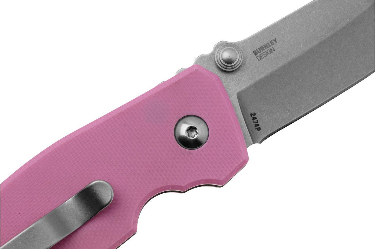 CRKT Squid Button Lock 2474P Stonewashed 14C28N, Rose Quartz G10, zakmes, Lucas Burnley design