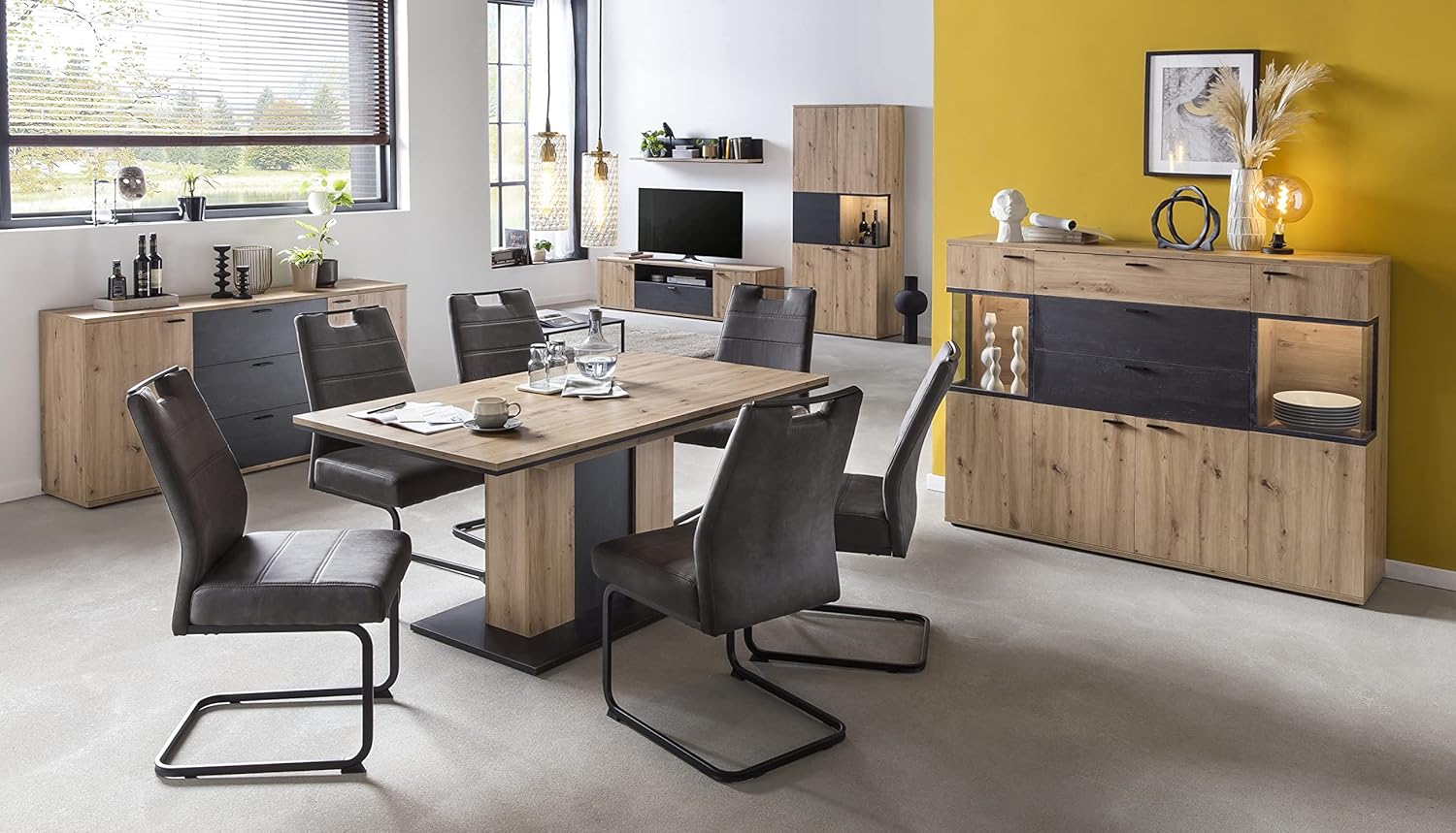Hela Tische, Esstisch Säulentisch Atlanta, Holzwerkstoff melaminbeschichtet, Dekor Artisan Eiche, ausziehbar 160-210x90x75cm