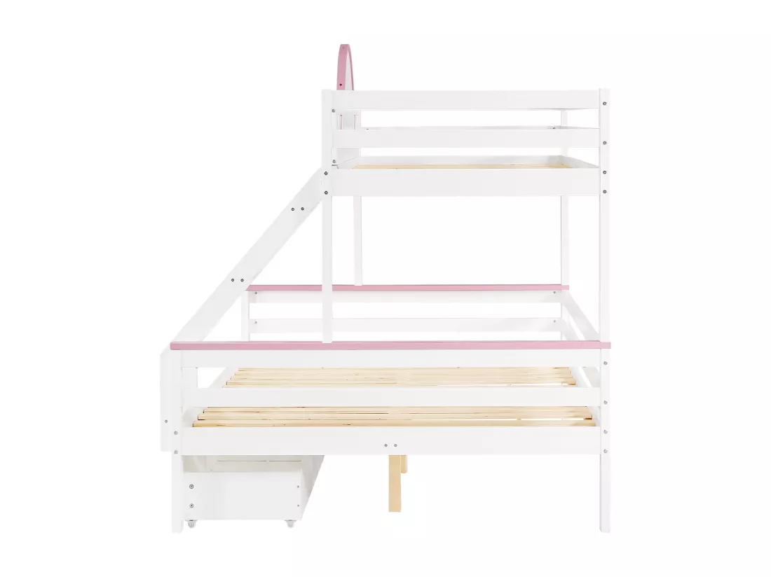 Lit superposé 90x200cm,140x200cm, Lit d'enfant, avec barrière de sécurité de couleur contrastée, Deux tiroirs,Blanc+Rose,Sans matelas