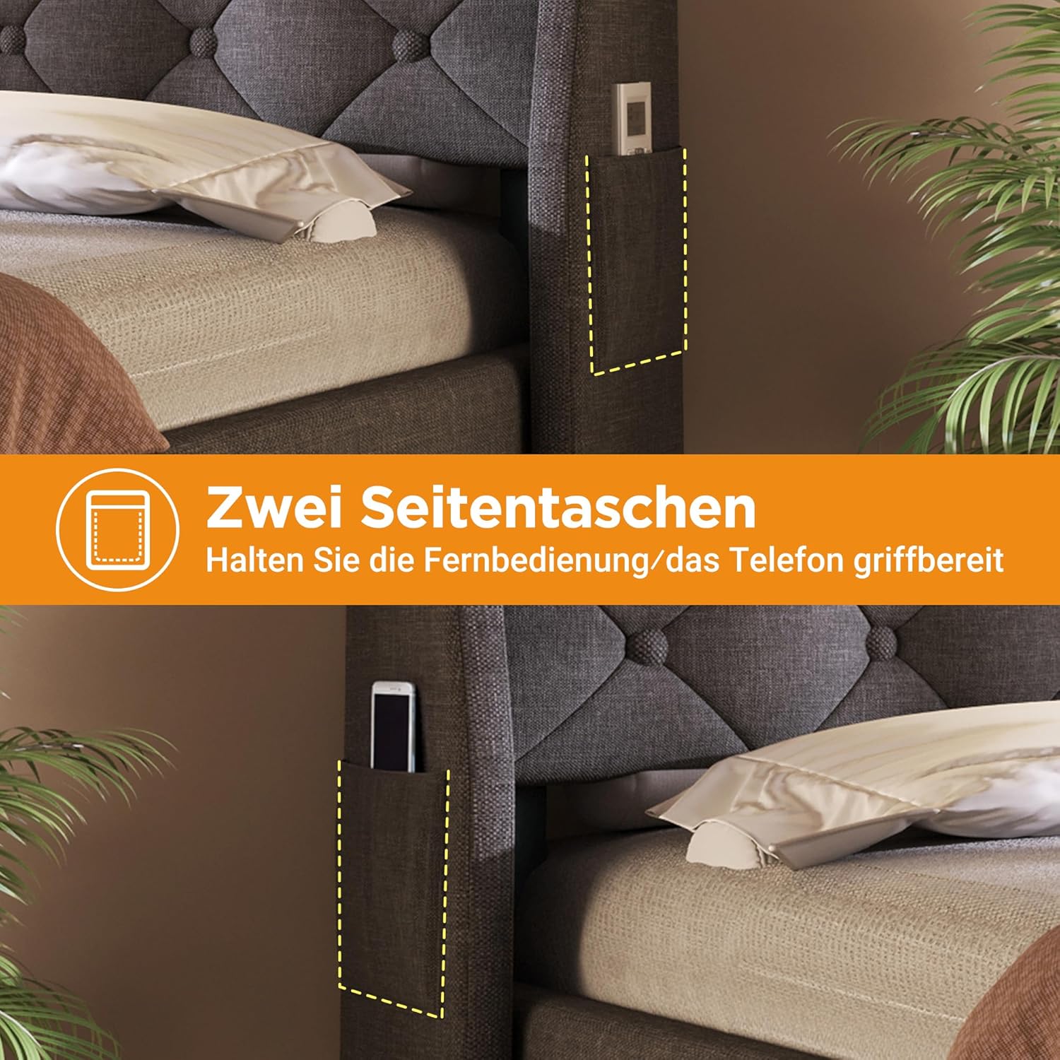 Boxspringbett 90x200 mit LED, Polsterbett Hydraulisch Einzelbett mit Stauraum und 3 USB und 1 Typ C-Port, Bettkopfteil mit Seitentaschen, Grau Leinen, ohne Matratze