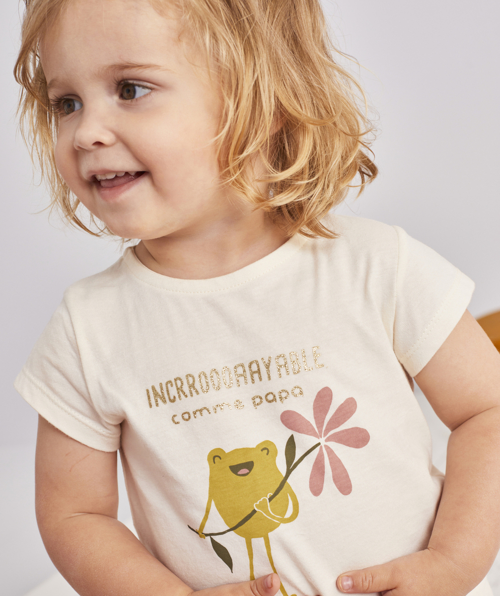 T-SHIRT BÉBÉ FILLE EN COTON BIO ÉCRU MOTIF GRENOUILLE