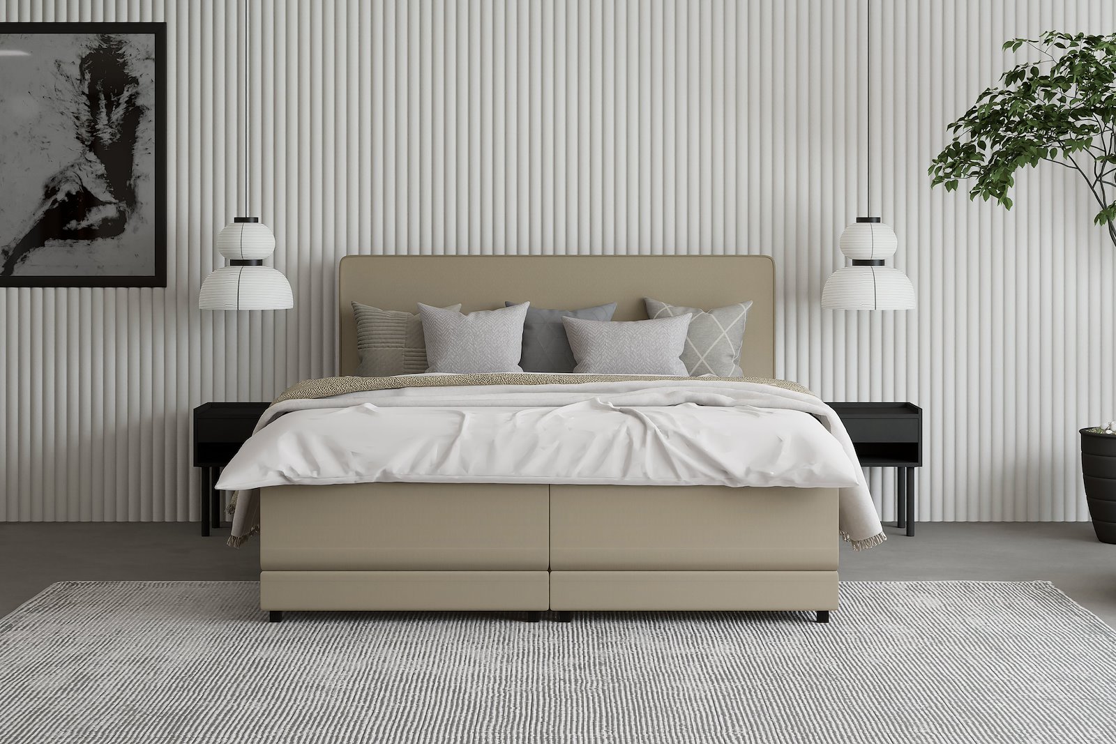 Premium 10 regulerbar seng 210x210 cm Tekstil Storm 09 mørk beige, medium/medium, Premium 10 overmadrass med sorte ben, gavl selges separate.