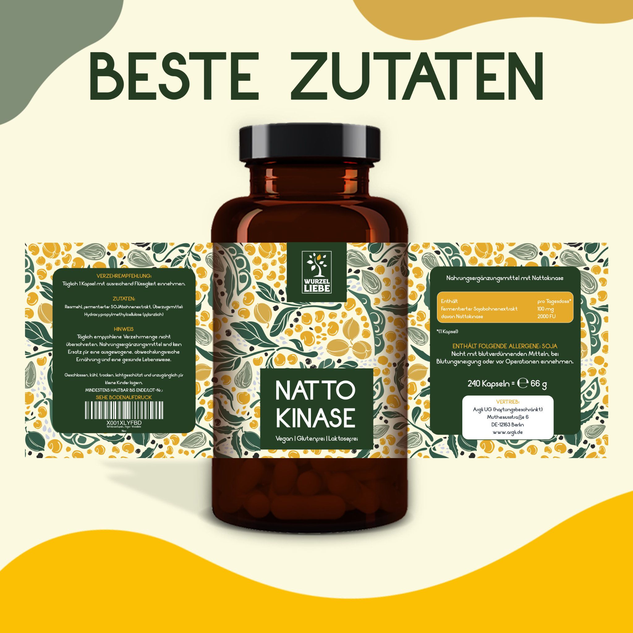WURZELLIEBE Nattokinase 100 mg & 20.000 FU/g 240 vegane Kapseln