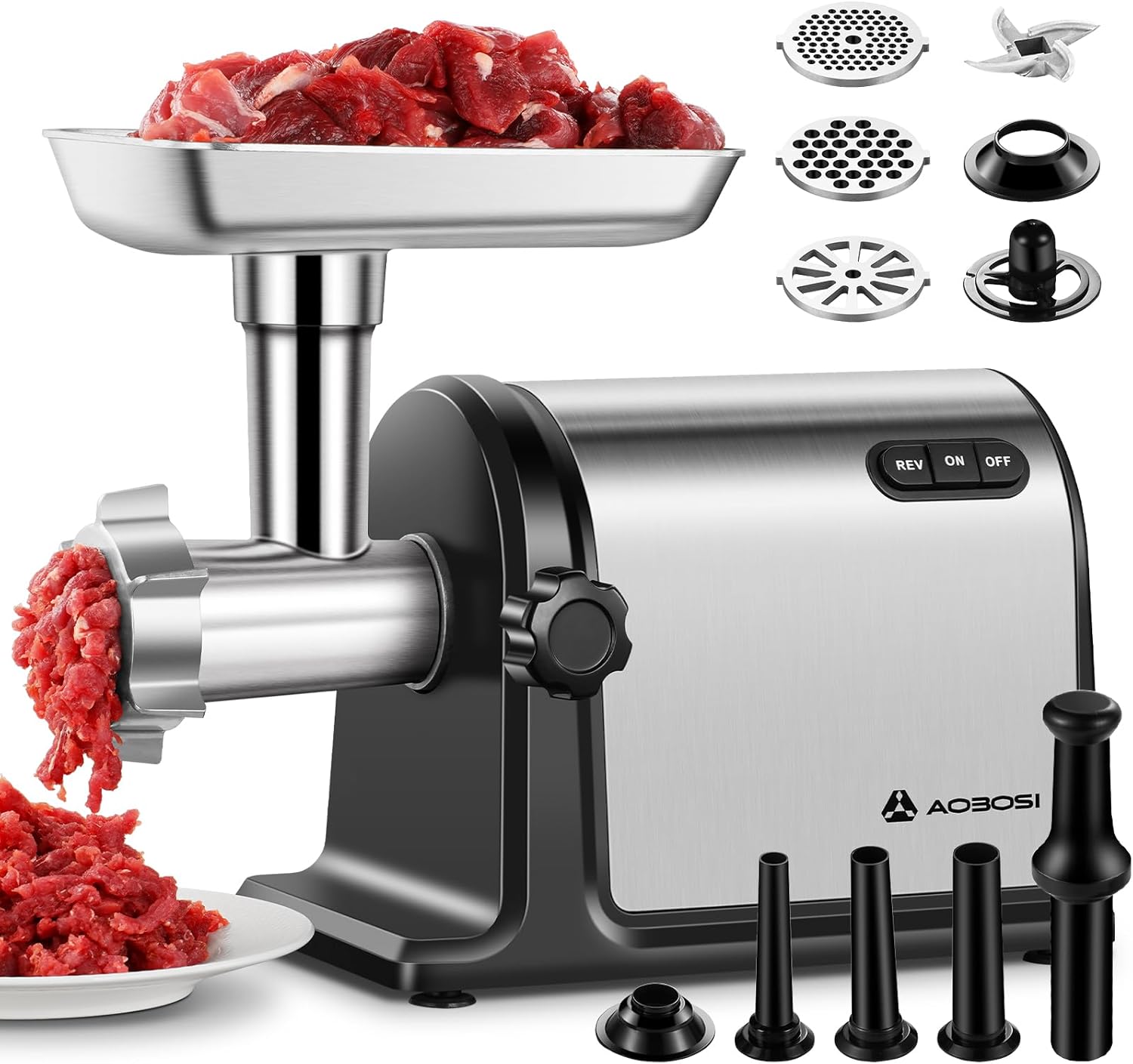 AOBOSI 3-In-1 Fleischwolf Elektrisch Mit 3 Edelstahl-Schleifplatten,1 Kubbe & 3 Wurstfüllrohren, [3000w Max |Size #10 ] Für Fleisch, Fleischwurst. Fleischwolf Edelstahl Mit Klingen.