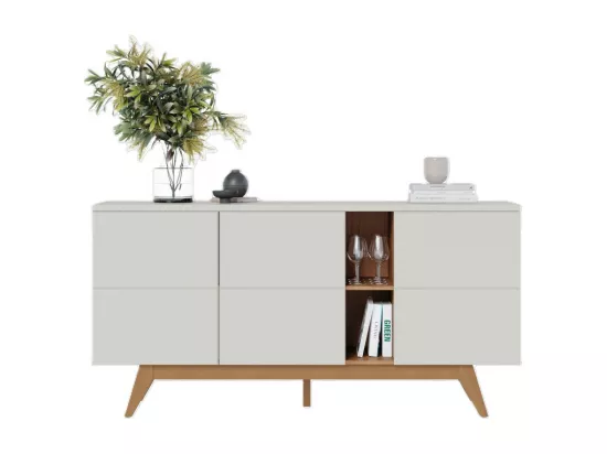 Buffet Bas 3 Portes 7 Niches Blanc et Chêne 5 Pieds Bois L 160 H 80.2 P 44.5 cm