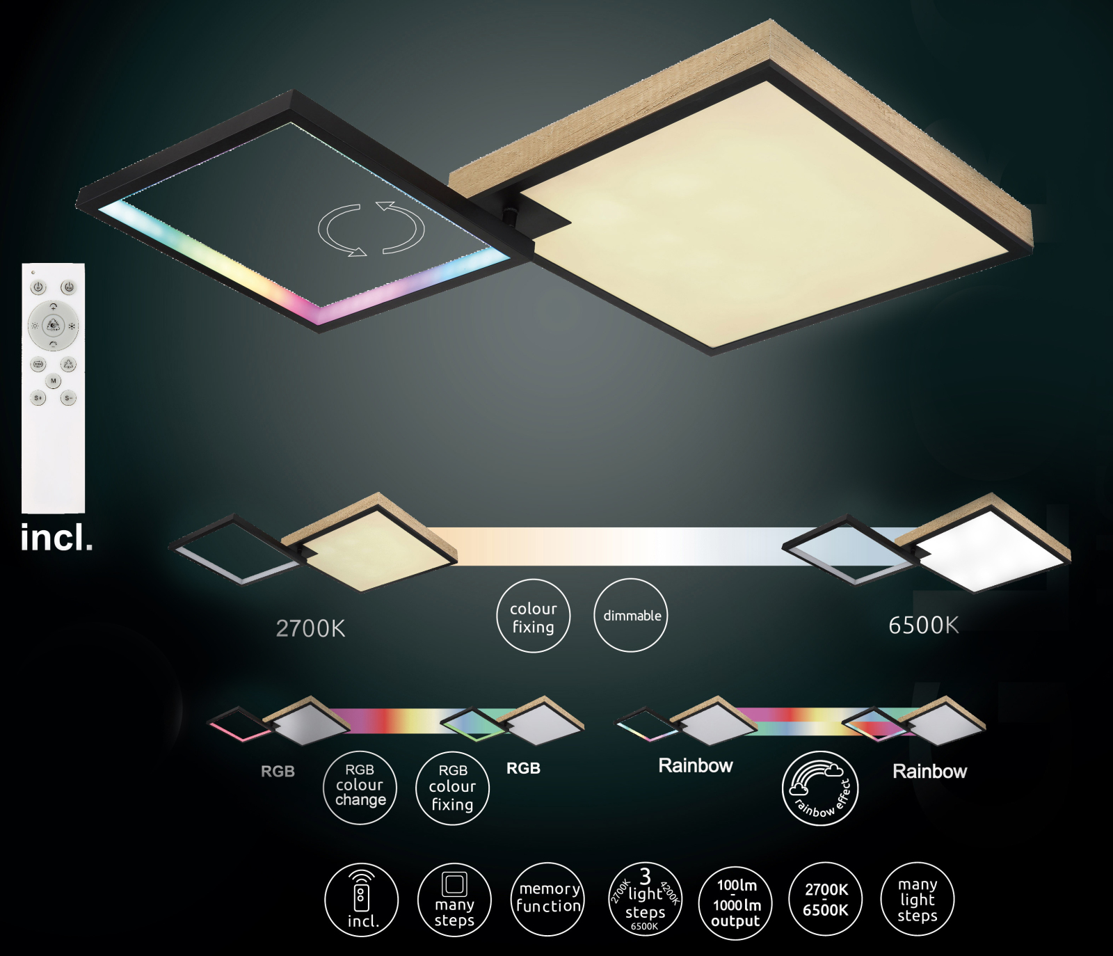 LED-Deckenleuchte - schwarz-weiß-holzfarben - Fernbedienung - 60 cm