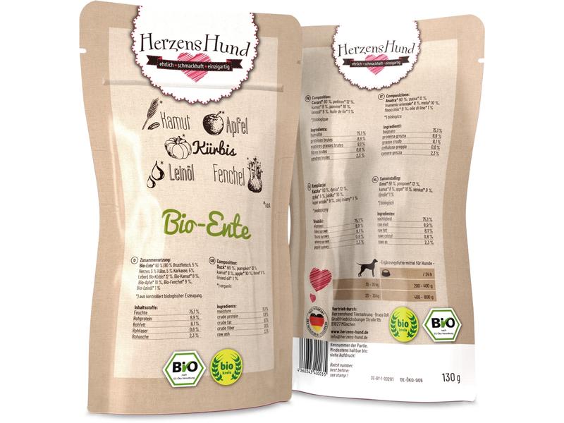 HerzensHund Nassfutter Bio-Ente mit Bio-Gemüse, 130 g Premium Bio-Ergänzungsfuttermittel für erwachsene Hunde