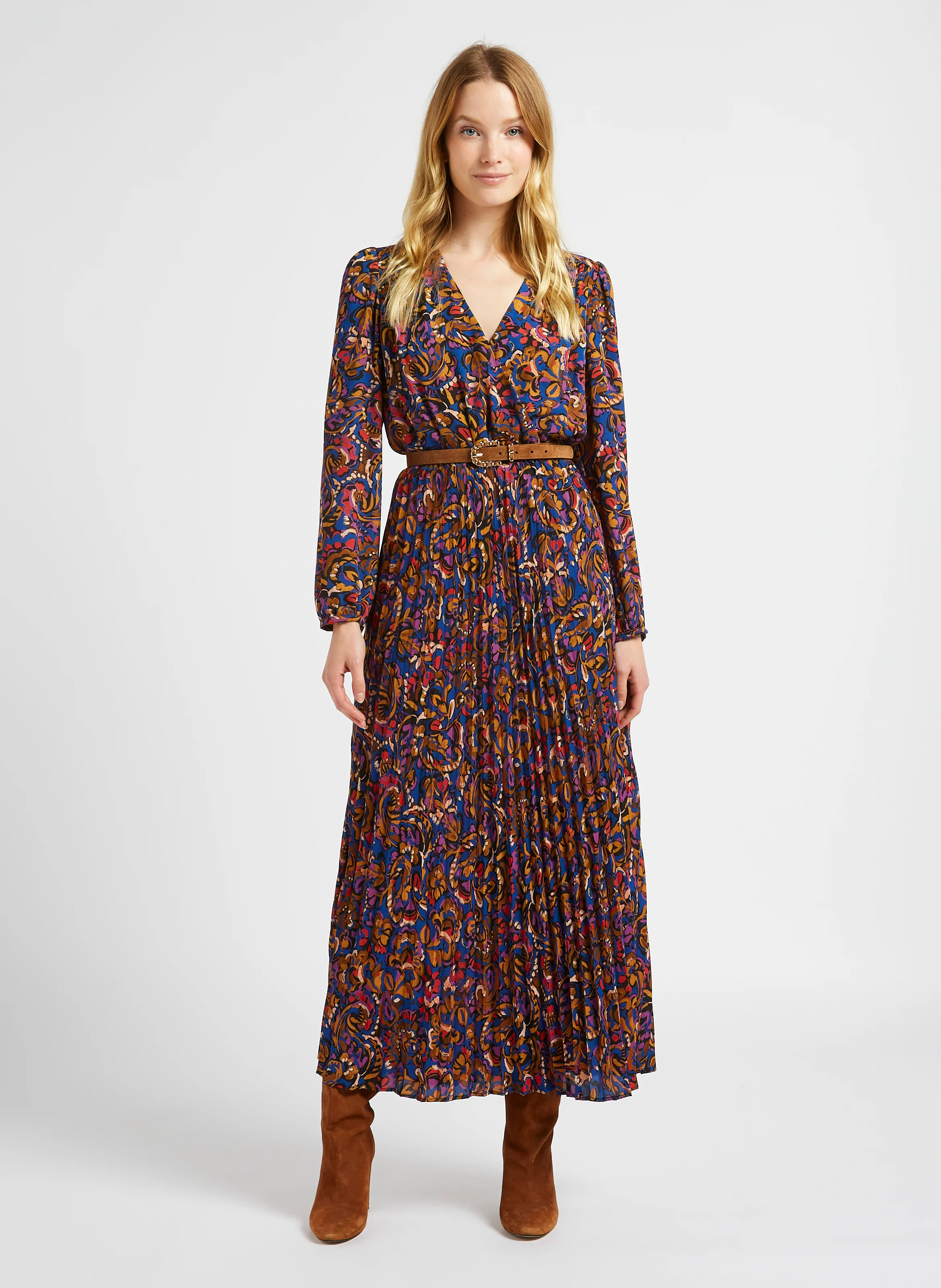 Robe longue droite encolure V imprimée | Marron