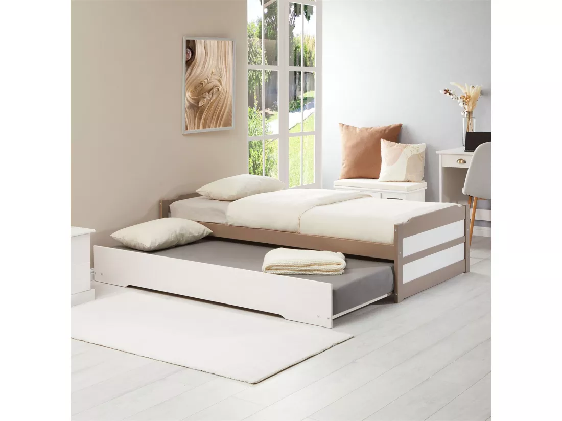 Lit gigogne LORENA 1 personne tiroir lit fonctionnel 90 x 190 cm pin massif lasuré taupe et blanc