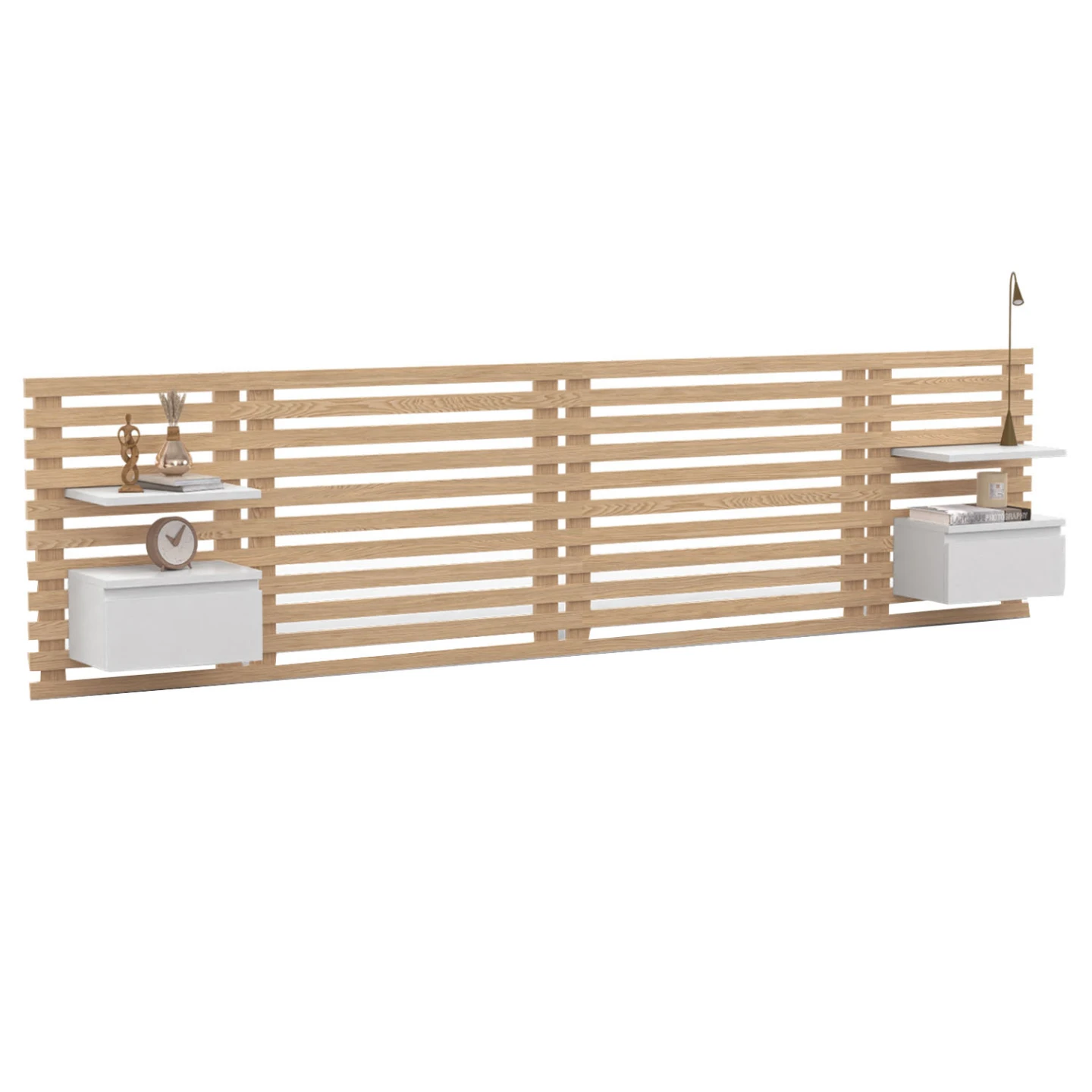 Tête de lit suspendue en lattes AVA 240 cm avec chevets + tiroir façon bois clair et blanc