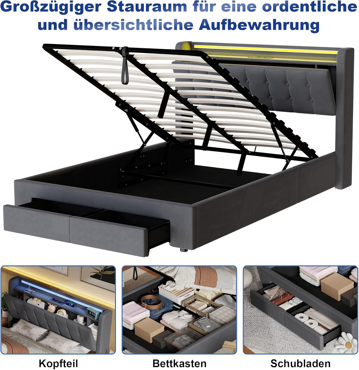 okwish Polsterbett 140x200 cm mit Bettkasten und Schublade, gepolstertes Kopfteil mit LED & USB und Stauraum, Bettgestell mit Lattenrost, Samt Dunkelgrau, als Jugendbett geeignet (ohne Matratze)