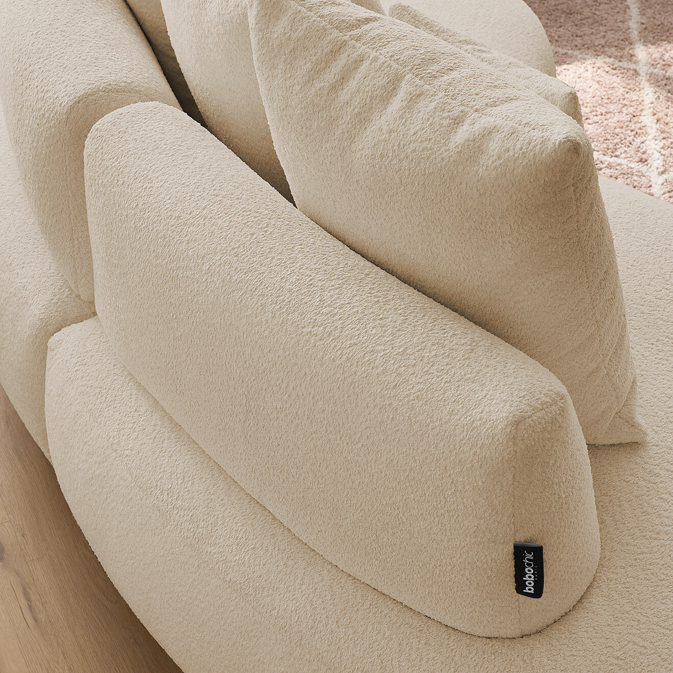 Bobochic Canapé droit fixe 3 places saint-germain tissu bouclette beige - 260x145x92 cm