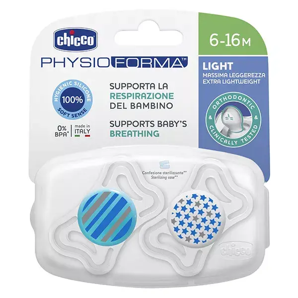 Chicco Physio Forma Light Sucette Silicone +6m Étoile Rayure Lot de 2 + Boite de Stérilisation