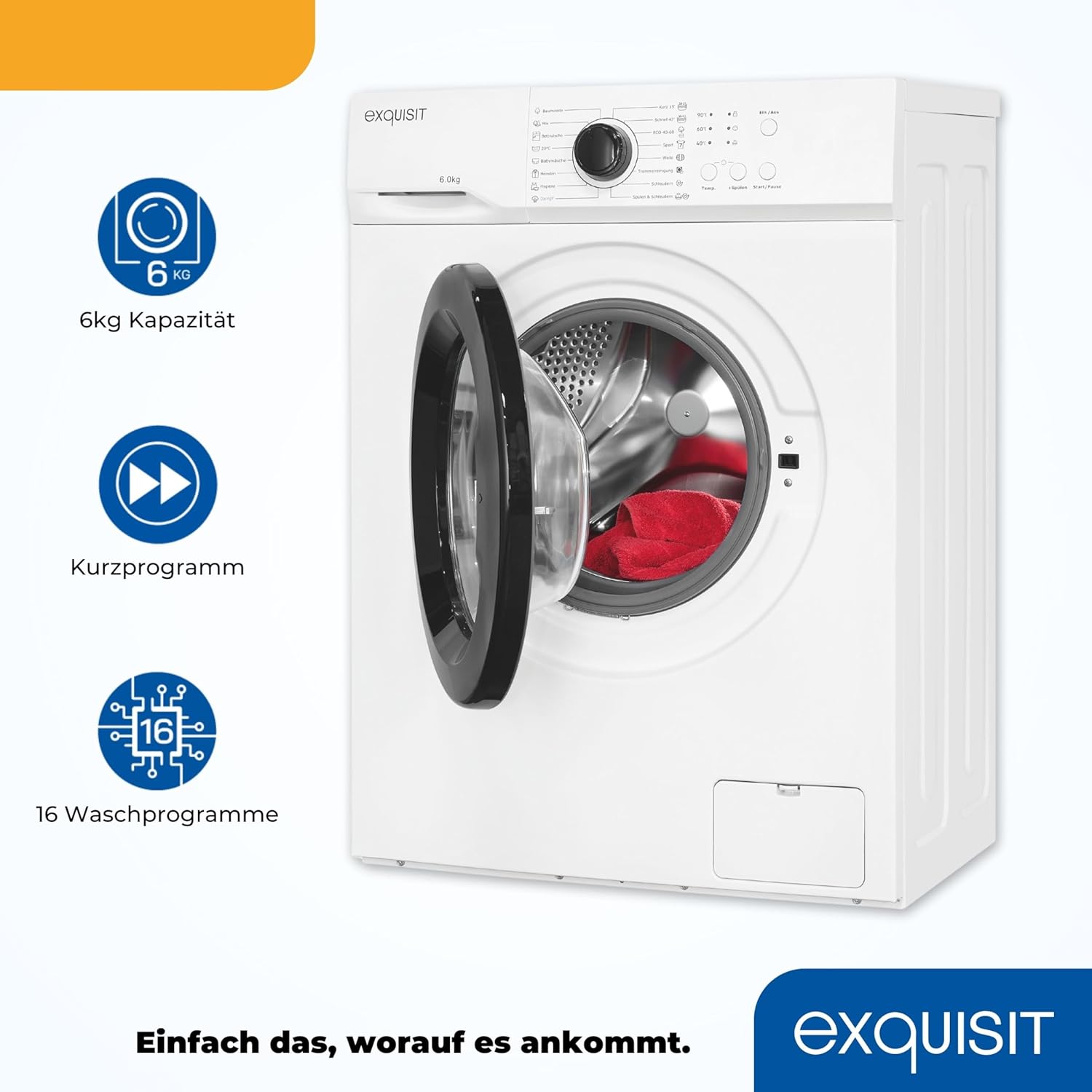 Exquisit Waschmaschine WA6110-020A weiss | 6 kg Fassungsvermögen | Energieeffizienzklasse A | 16 Waschprogramme | Kindersicherung