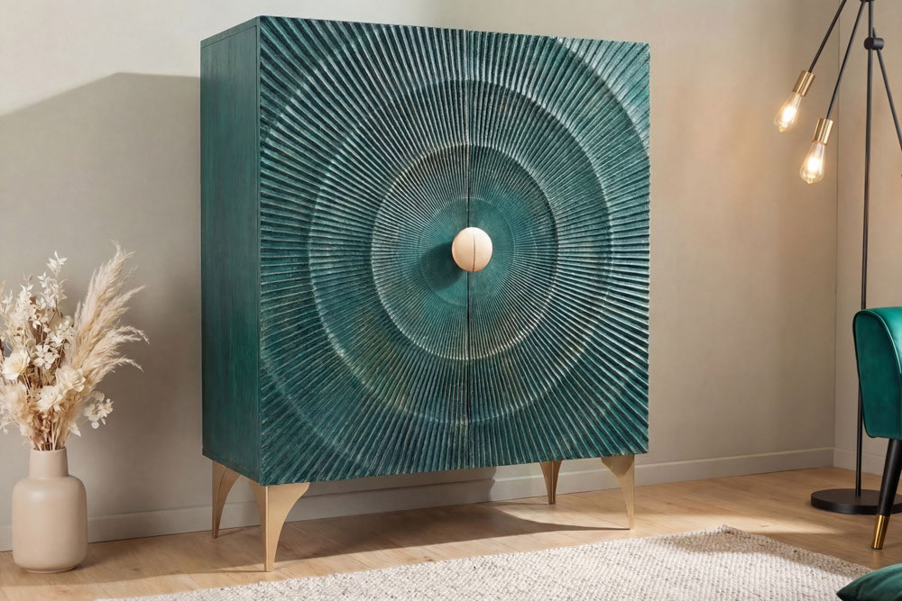Massives Highboard GOLDEN SUNSET 120cm türkis gold Mangoholz mit 3D Schnitzereien