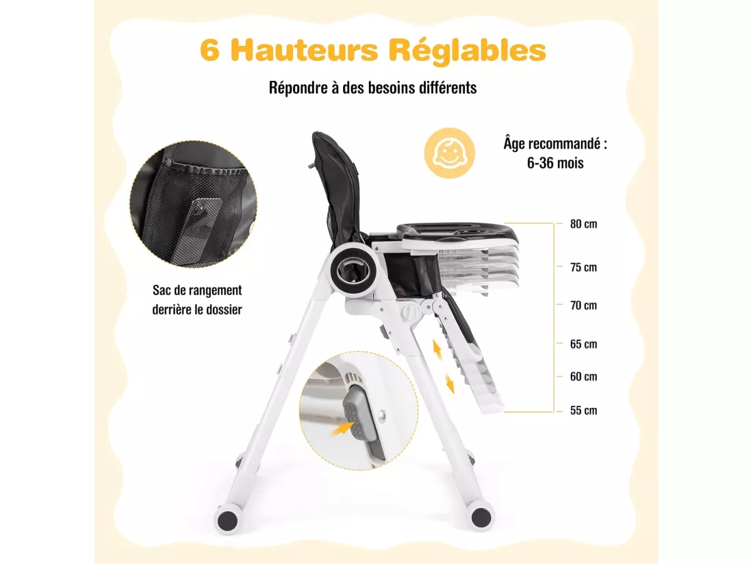 Chaise Haute pour Bébé, avec 6 Hauteurs Réglables de 6 à 36 Mois, Ceintures de Sécurité à 5 Points, Plateau Double Sécurisé, Jusqu'à 15 kg Noir