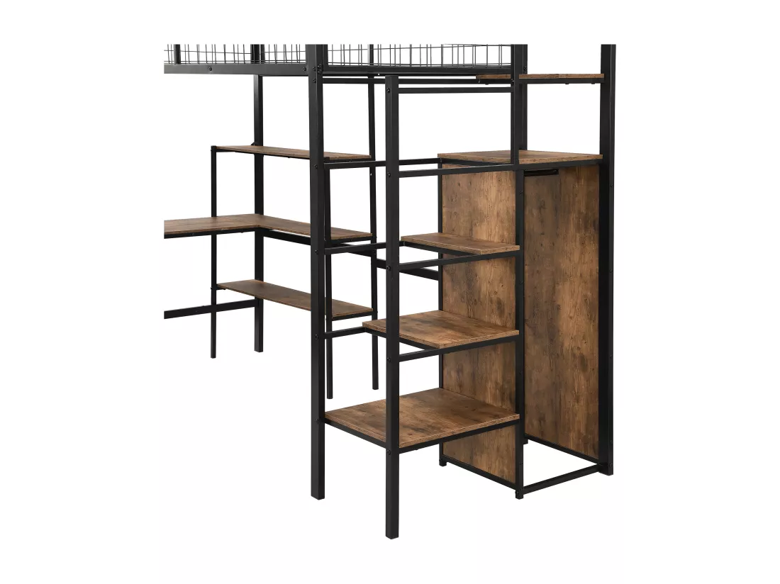 Lit mezzanine 90x200 cm - cadre en fer - avec un bureau et étagères - Noir