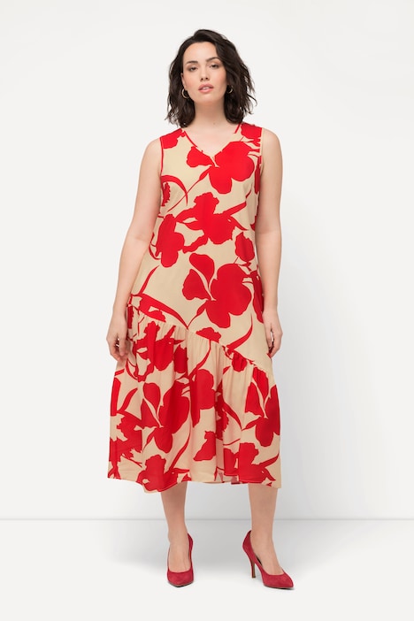 Midikleid, Blüten, A-Linie, V-Ausschnitt, ärmellos