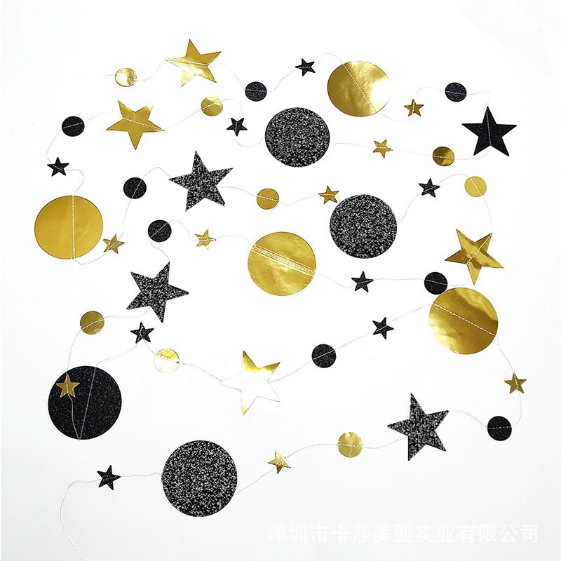 (4m) Girlande Glitzer / Glanz Kreise und Sterne Party Dekoration Accessoire - Gold / Schwarz