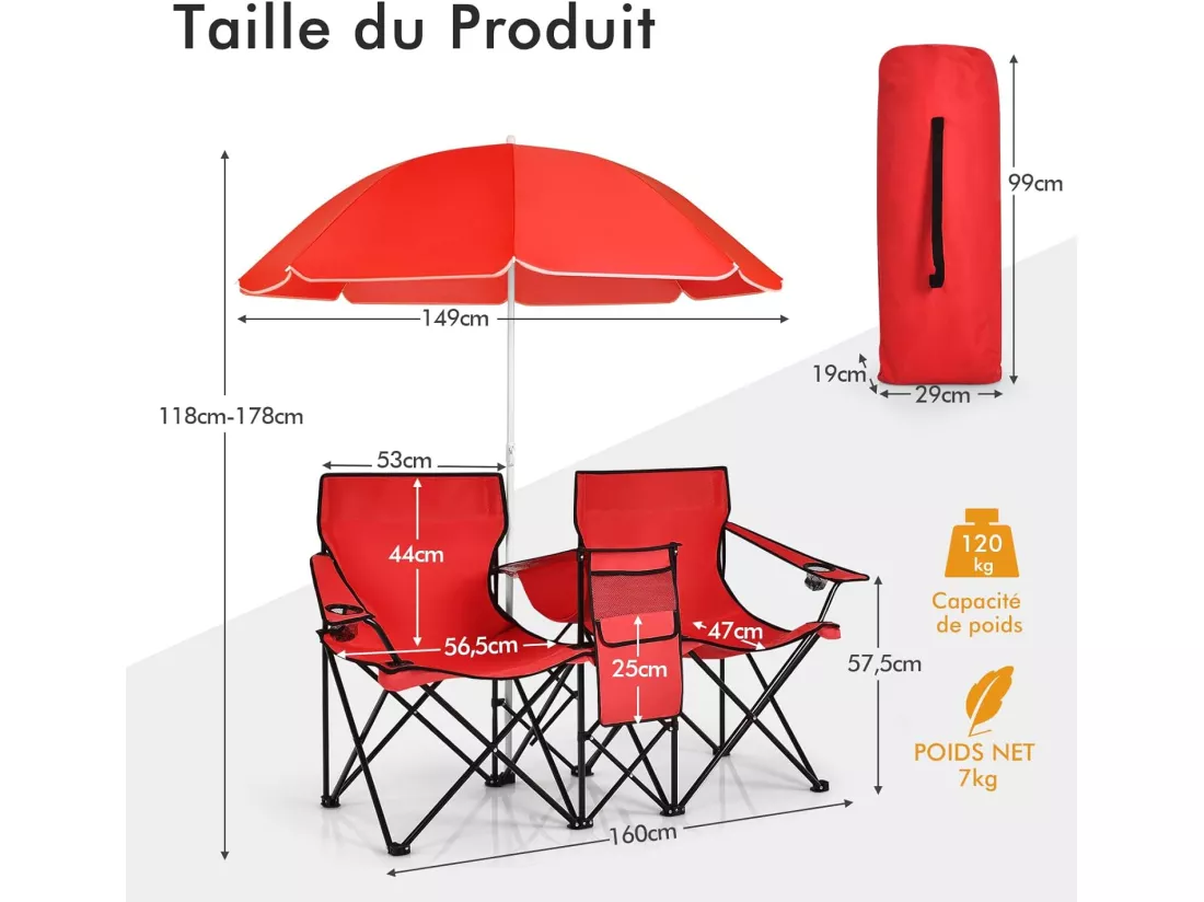 Chaise de CamBoisg Pliante, Chaise d'extérieur Portable avec Glacière et Parasol, Chaise de Plage à 2 Places avec Porte-gobelet et Sac de Transport, Charge120 KG, pour Randonnée, Pêche(Rouge)