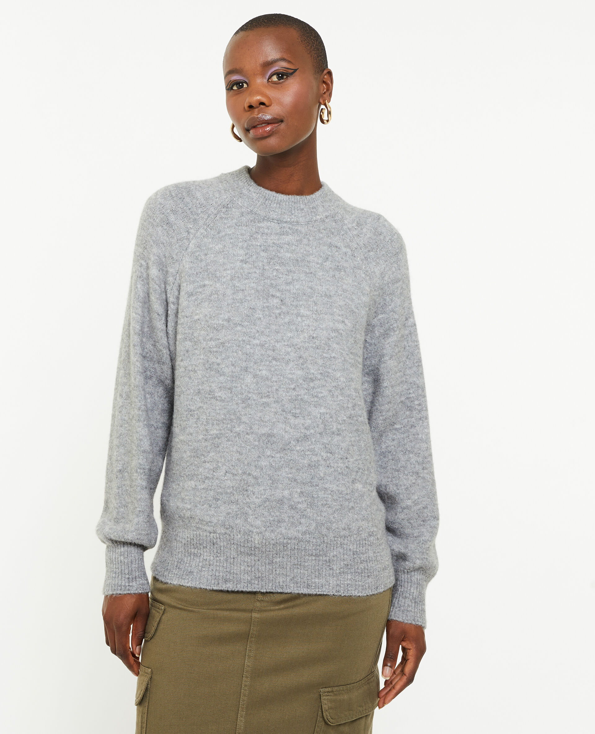Pull col rond avec laine - Gris foncé