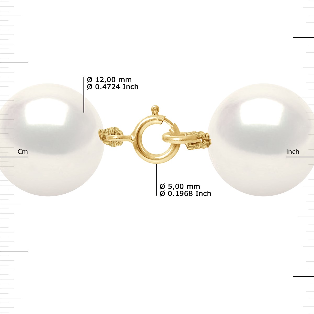Collier - Rang Véritables Perles de Culture d'Eau Douce Rondes 12-13 mm - Blanc Naturel - Or Jaune