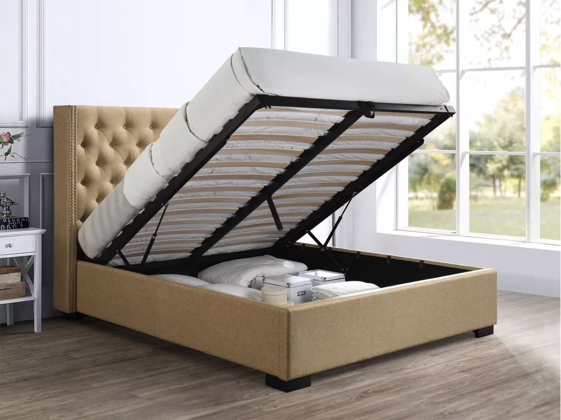 Lit coffre 180 x 200 cm avec tête de lit capitonnée - Tissu - Beige + Matelas - MASSIMO