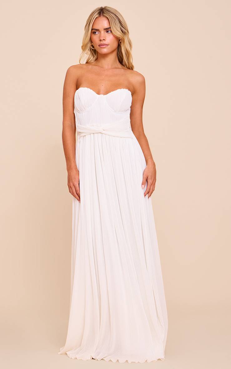 Crème Robe Longue Plissée À Bord Festonné Petite