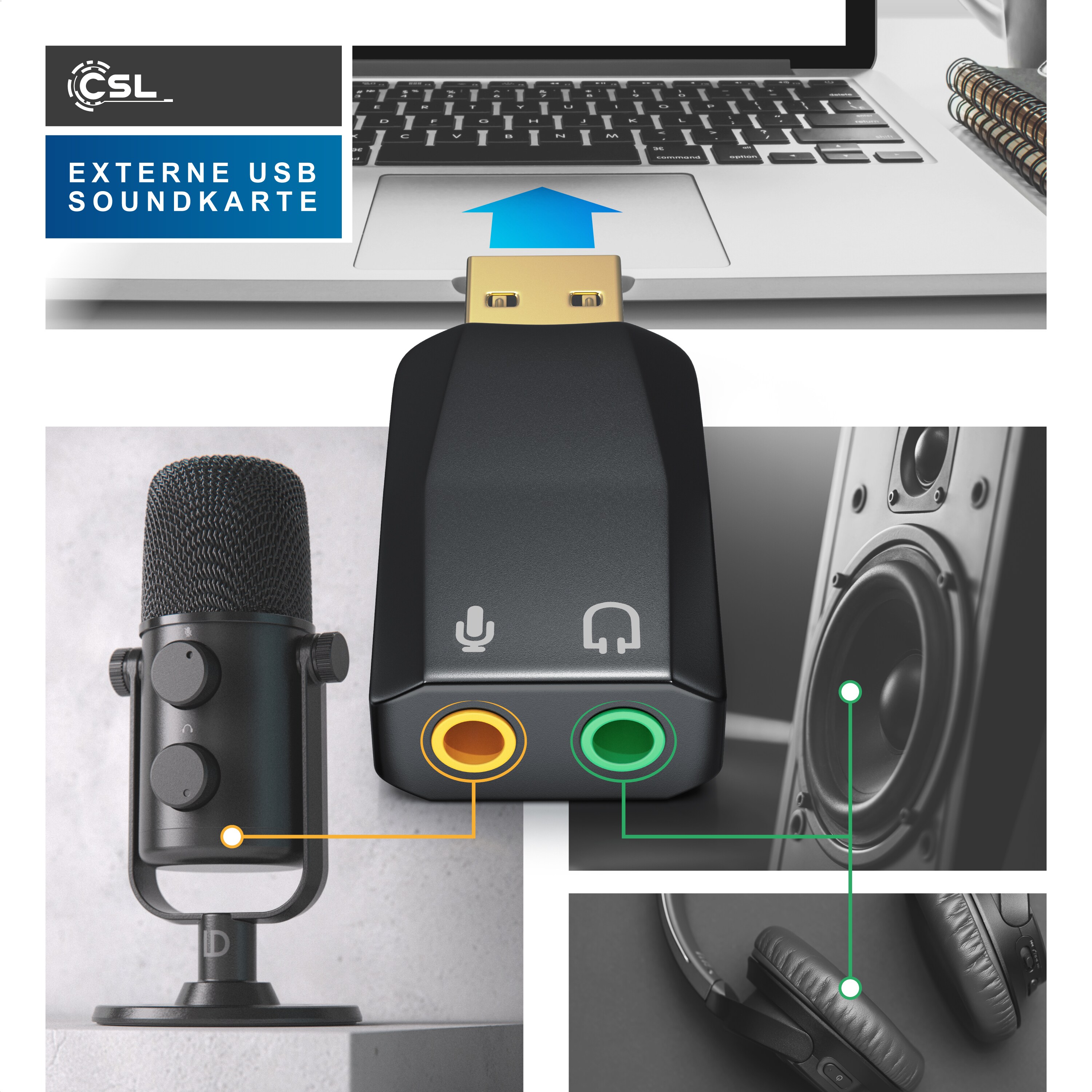 CSL USB-Soundkarte 5.1 Kanäle, Extern, 5.1 Virtual Surround, Line-Out & Mikrofon-In Anschlüsse