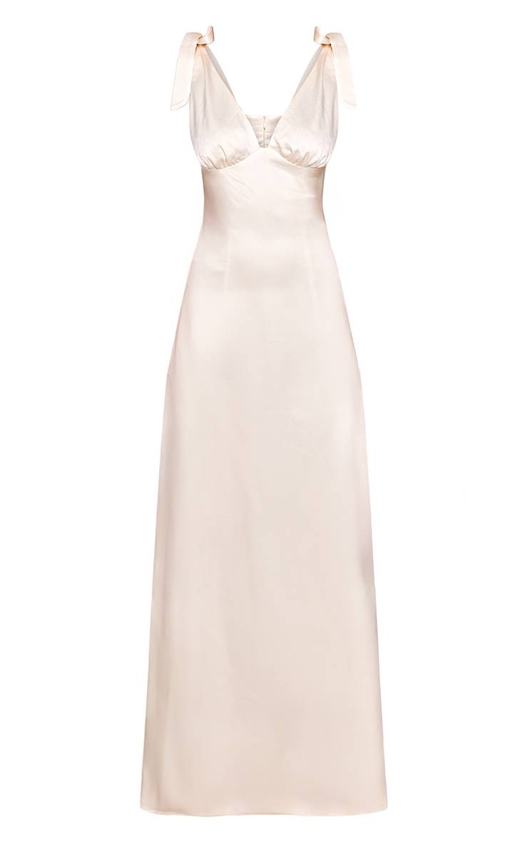 Crème Robe Longue Satinée À Épaules Nouées