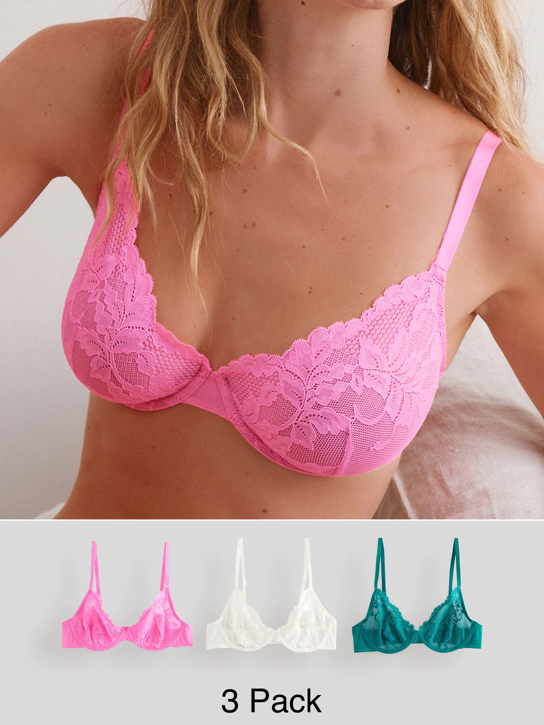 Crèmekleurig/roze/groen  - 3 Kanten beha's