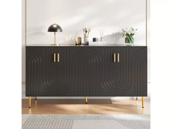 Buffet noir (152 x 40 x 75 cm), design unique en forme de vague, poignées et pieds dorés