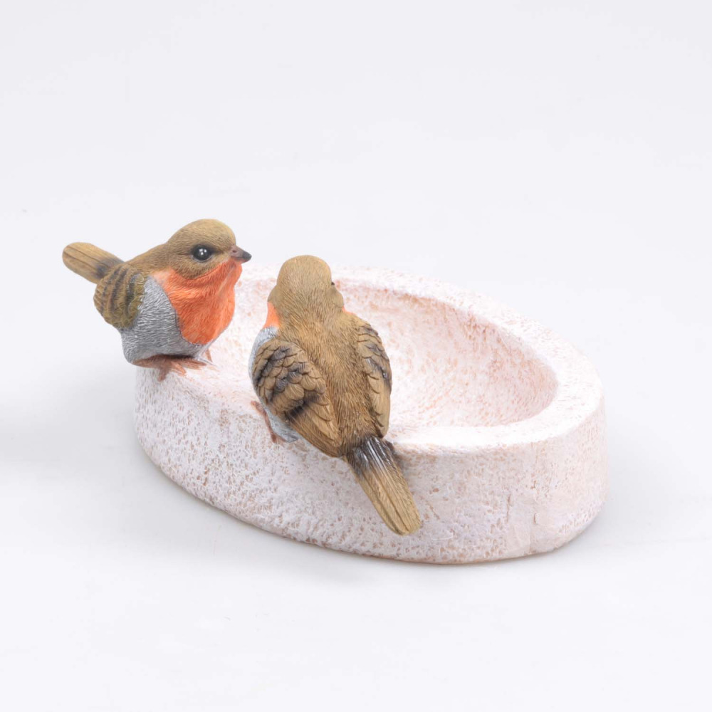 Bain oiseau en résine avec oiseaux 20 x 15 x 10.5 cm rouge gorge