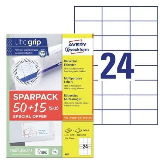 Universaletiketter Avery 70x37 mm, hvid med Ultragrip + 30% ekstra indhold - (65 ark x 24 stk.)