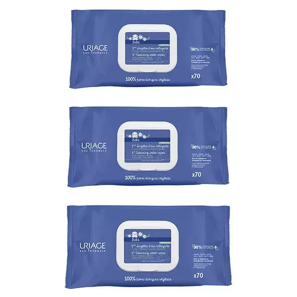 Lenços umedecidos Uriage Baby 1st Cleansing Water para rosto e corpo, pacote com 3 unidades de 70 lenços cada.