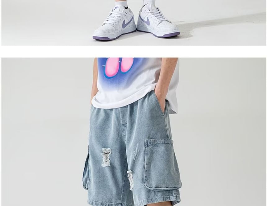 Capbrew - Mid Rise Washed Distressed Cargo Denim Shorts