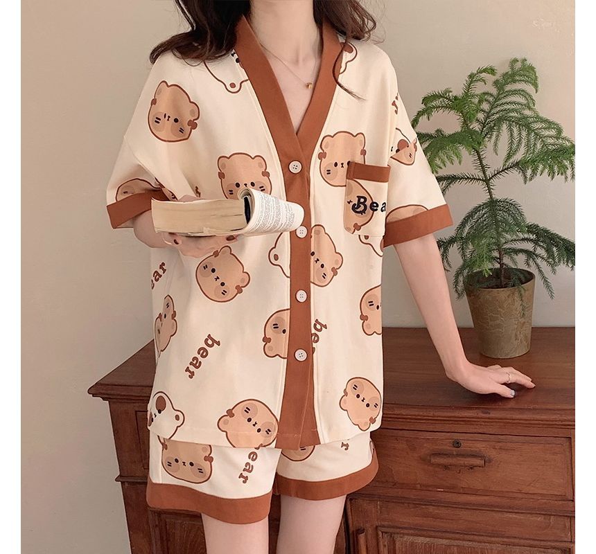 Featherbright - Pyjamaset met korte mouwen en V-hals en print
