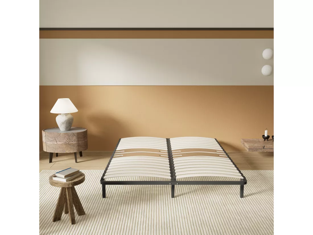 Cadre à lattes en bois 140x200 cm – cadre en acier et lattes en bois – 7 pieds hauteur 25cm – renfort lombaire