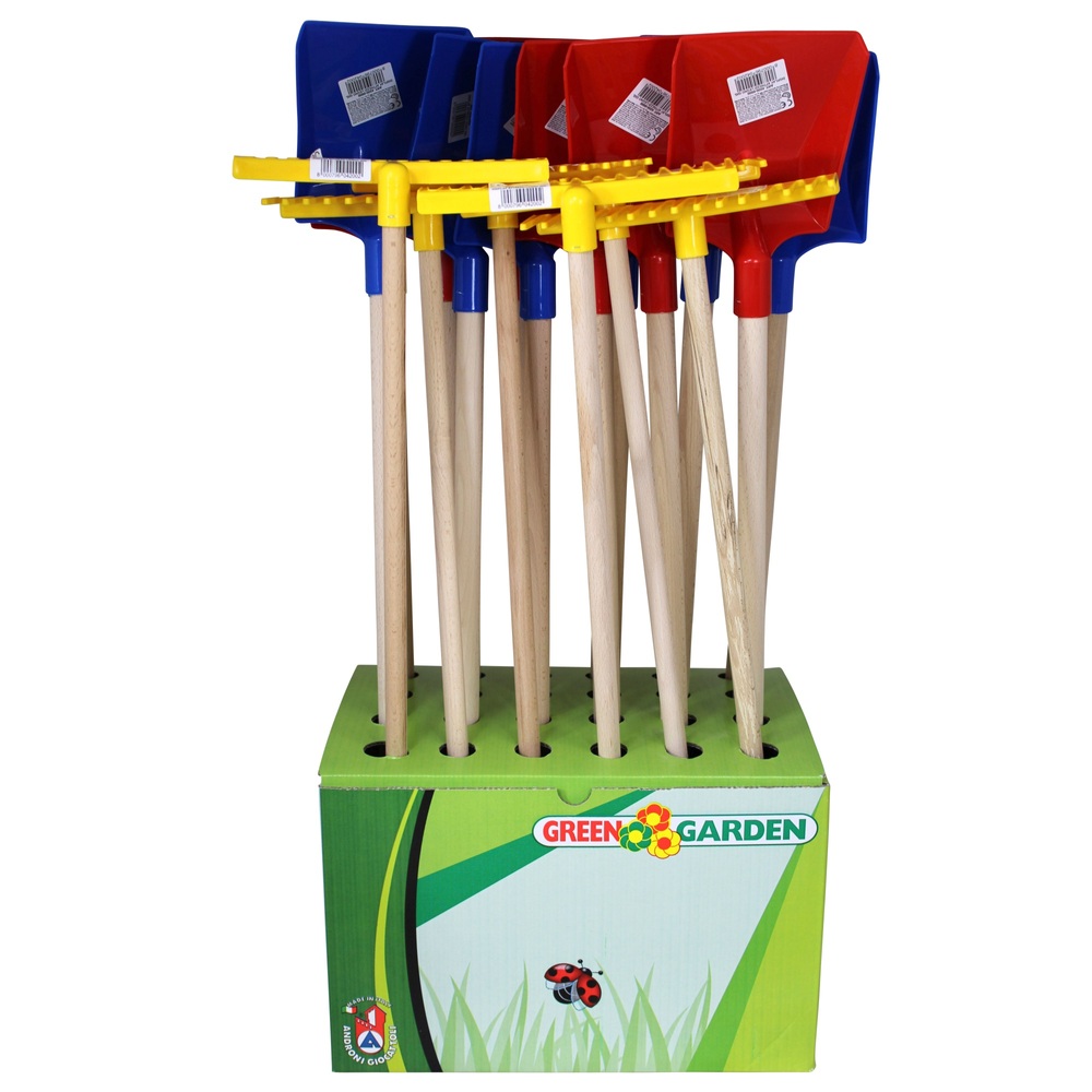 Sortiment aus Holzspaten und Holzrechen