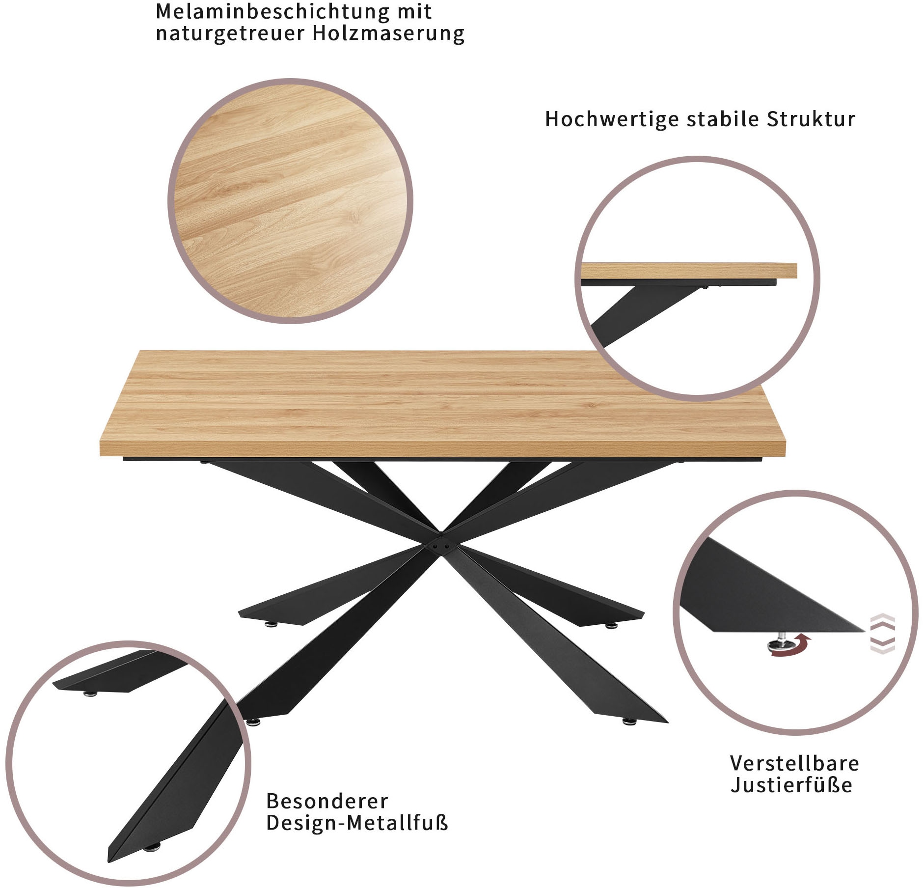 GOODproduct Essgruppe »Cusey, besteht aus einem Esstisch und vier Stühlen« Set, Stühle drehbar, Esstisch 160 cm, 4 cm starke Tischplatte, 5 Stk. tlg. kratzfester Tisch in Holzoptik, drehbare Stühlen, atmungsaktivem Stoff