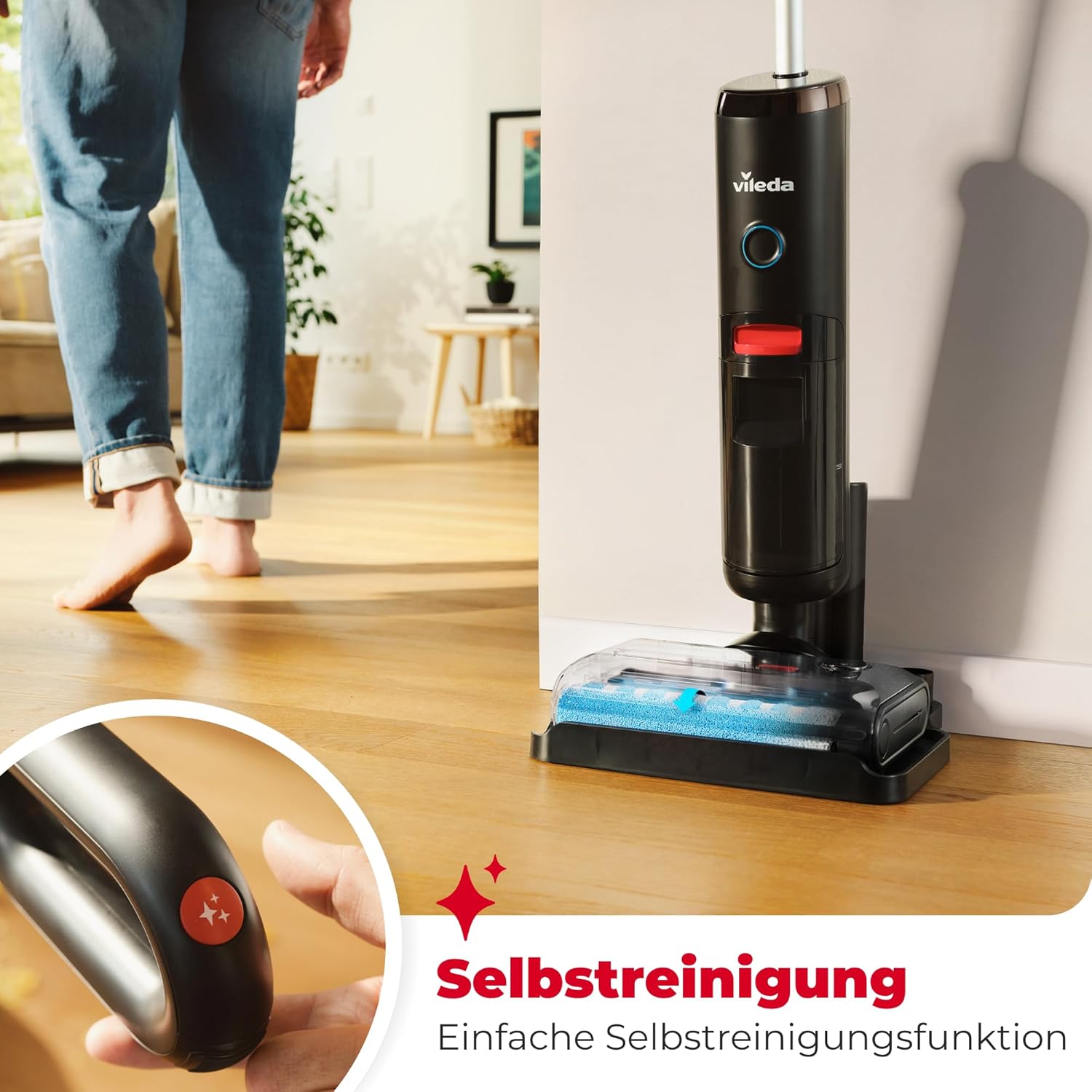 Vileda PureClean S5 Plus - Kabelloser Nass- & Trockensauger mit Zubehör - 3-in-1 Kehren, Saugen & Wischen, 30 Min Akkulaufzeit für 180 m2 Fläche, LED-Anzeige, Schwarz/Silber