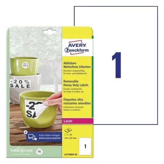Avery Zweckform L4775REV - Polyester - matt - fjernbart selv-adhesiv - hvit - A4 (210 x 297 mm) 20 etikett(er) filmetiketter