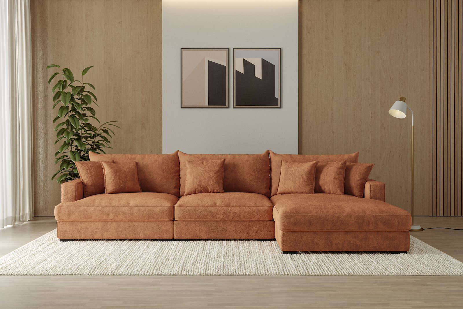 Rossi Lux 3-seter med sjeselong høyre Tekstil Genesis 9 Deep Terra, arm A med sorte ben. Lux Komfort.