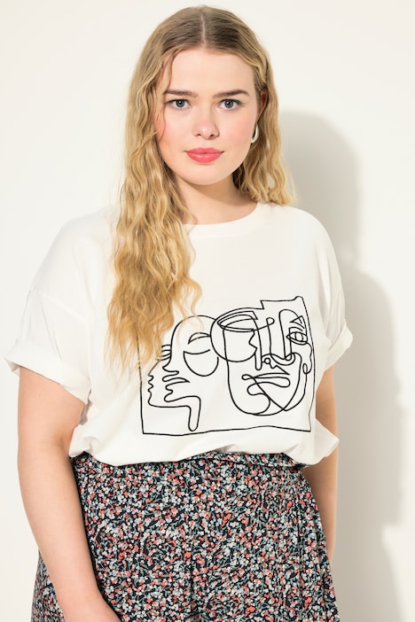 T-Shirt, Rundhals, gesticktes Frauen-Motiv