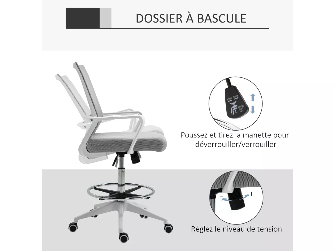 Fauteuil de bureau chaise de bureau assise haute réglable dim. 64L x 59l x 104-124H cm pivotant 360° maille respirante gris