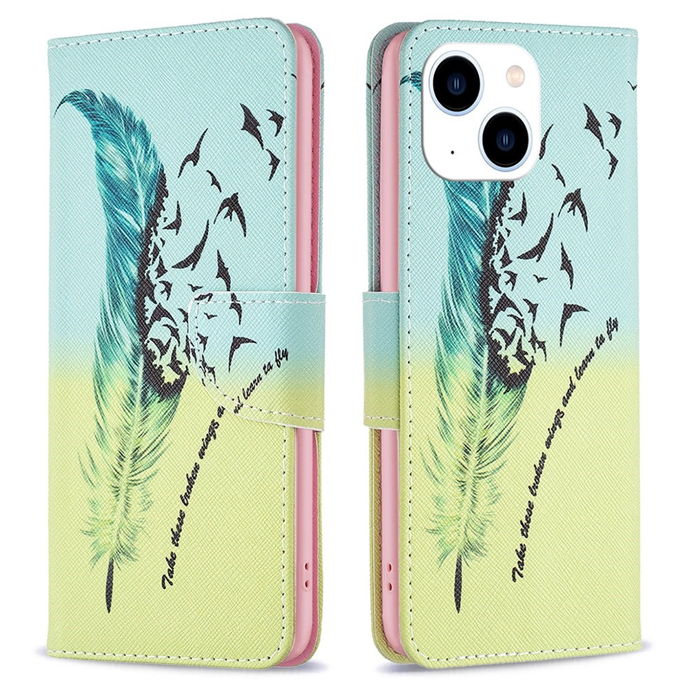 iPhone 14 Leder Tasche mit Kartenfächern - Schwalbenfedern