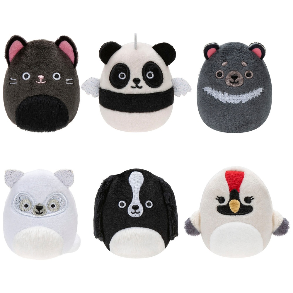 Squishville von Original Squishmallows, 5 cm, Schwarz-Weißes Squad-Plüschtier, 6er-Pack