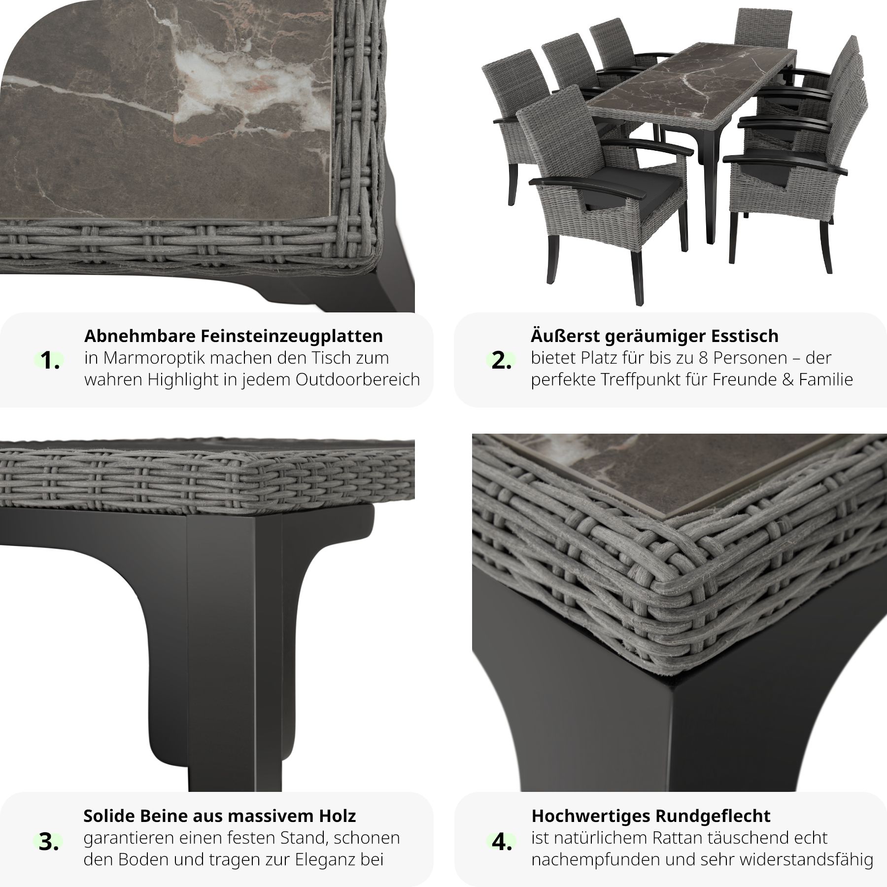 tectake® Rattan Tisch, mit Aluminium- und Holzgestell, wetterfest und UV-beständig, 196 x 87 x 76 cm
