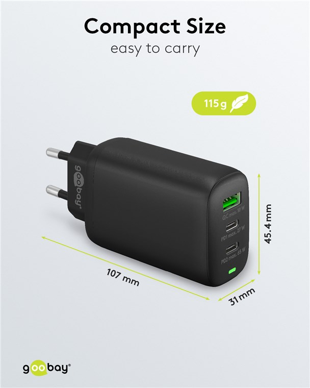 (65W/3A) Dual USB C / USB A GaN Ladegerät Netzteil Power Delivery / Quick Charge 3.0 (61760) - Schwarz